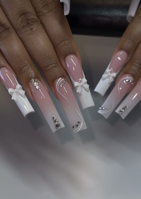 Milky White Bling Nails, Bday Nails Acrylic, 18th Bday Nails, Graduation Nails Acrylic, Nails Nail Art Designs, Nail Art Designs At Home, Easy Nail Art Designs, Colors Nails, Graduation Nails