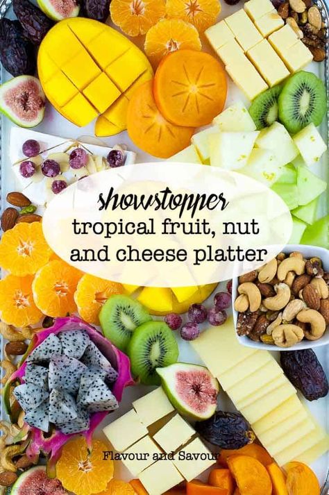 This Tropical Fruit Nut and Cheese Platter of exotic fruits, assorted cheeses and mixed nuts makes a delicious grazing board and it's naturally gluten free! Instructions for how to cut tropical fruits. #grazingboard #fruittray #fruitplatter #cheeseboard Luau Party Food, Luau Food, Persimmon Recipes, Fruit Appetizers, Fruit Beer, Philippines Food, Grazing Board, Chef Inspiration, Thai Street Food