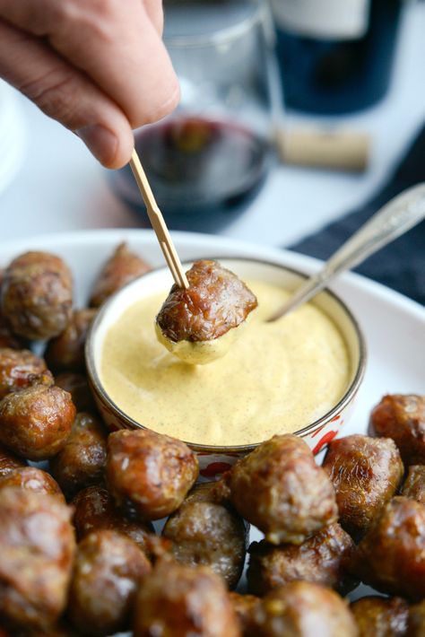 Chardonnay Italian Sausage Bites with Spicy Mustard Dip - Simply Scratch Italian Sausage Bites, Sausage Bites, Sausage Appetizers, Mustard Dip, Spicy Mustard, Italian Appetizers, Appetizer Bites, Finger Food Appetizers, Think Food