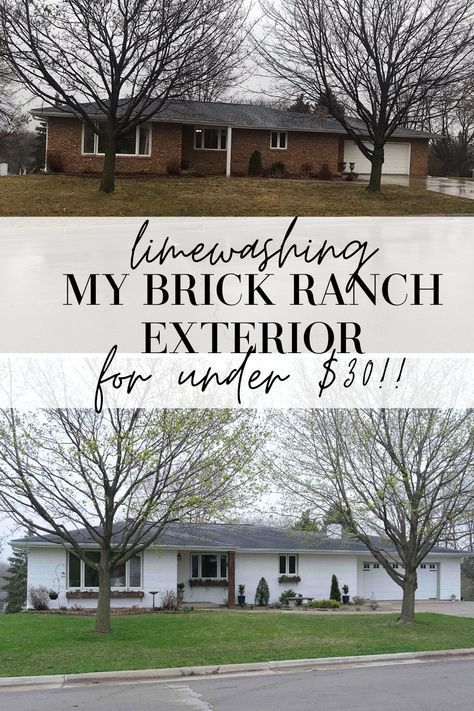 How I Limewashed My Brick Ranch Exterior (For Under $30!!) - MY CHIC OBSESSION Updating Brick Ranch Exterior, Brick Ranch Remodel Exterior, Cristallo White Limewash, Updating Brick House Exterior, Lime Washed Brick Exterior, Brick House Paint Colors, Brick Ranch Exterior, Painting Brick Exterior, Painted Brick Ranch