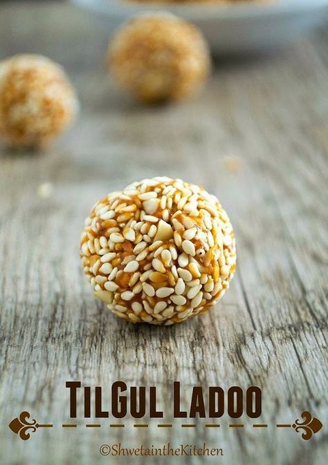 Shweta in the Kitchen: Til Gul - Til Gud Ladoo - Sesame Seeds and Jaggery Balls Easy Indian Sweet Recipes, Nut Balls, Fun With Food, Dry Coconut, Holiday Dessert Recipes, Healthier Food, Snacks Dishes, Sweet Recipes Desserts, On The Go Snacks