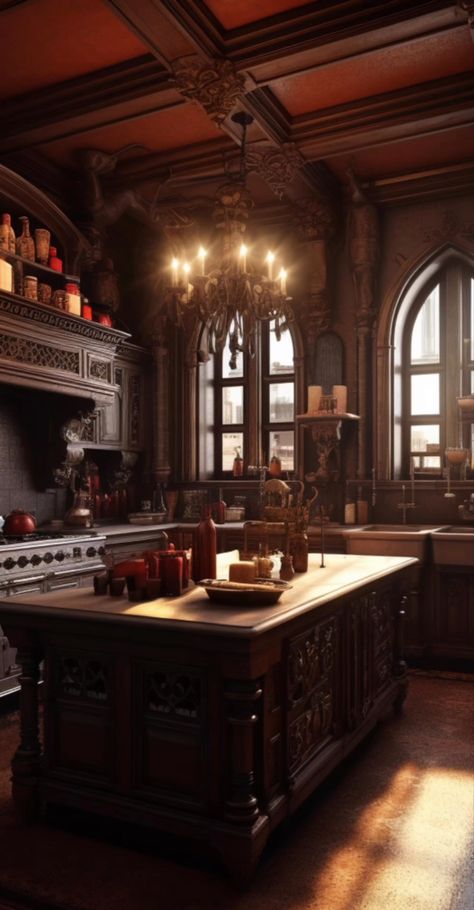 Haunted Mansion Kitchen, Vampire Victorian House, Vampire Kitchen Aesthetic, Goth Victorian Kitchen, Creepy Kitchen Aesthetic, Gothic Farmhouse Decor Kitchen, Dark Academia Interior Design Kitchen, Dark Academia Aesthetic House Interior, Spooky Kitchen Ideas