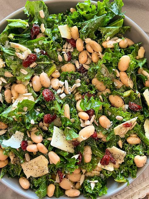 WARM WHITE BEAN & KALE SALAD Butter Bean Kale Salad, Kale And White Bean Salad, Kale White Bean Salad, White Bean Kale Salad, Bean Kale Salad, Walnut Pasta, Butternut Squash Soup Creamy, White Bean Salad Recipes, White Bean Kale