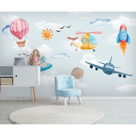 Pink Hot Air Balloon, Bedroom Wallpaper Murals, Kindergarten Wallpaper, Map Wall Mural, Airplane Wall, Kids Room Wallpaper, Balloon Wall, Kids Wall Murals, Nursery Wallpaper