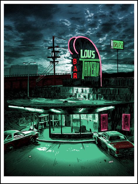 EXT. LOU'S TAVERN - NIGHT "I want you to do me one favour." "What's that?" "I want you to hit me as hard as you can." #fightclub by Tim Doyle Tim Doyle, Frank Kozik, Mr Brainwash, Spoke Art, Movie Locations, Modern Metropolis, Dark Artwork, Bd Comics, Famous Movies