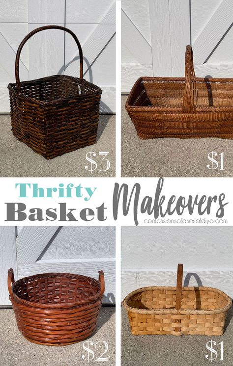 Got a basket or two that could use an update? Four thrifty basket makeovers are on the menu today, and you won't believe what they look like now! Wicker Basket Makeover, Basket Makeover, Thrift Store Makeover, Painted Baskets, Mirror Makeover, Diy Basket, Decoupage Paper, Basket Decoration, Wicker Baskets