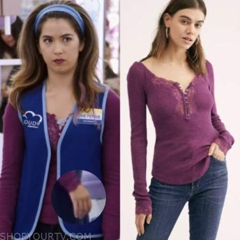 Superstore: Season 5 Episode 11 Cheyenne's Purple lace Henley top Cheyenne Superstore, Show Outfits, Where To Buy Clothes, Fashion Tv, Henley Top, Purple Lace, Work Outfits, Work Outfit, Fashion Looks