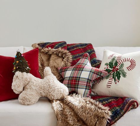 Get The Look: Festive Favorites | Pottery Barn Cushion Combinations, Christmas Tree Hat, Pottery Barn Christmas, Blankets And Pillows, Holiday Lookbook, Embroidered Pillow Covers, Outdoor Cushion Covers, Christmas Blankets, Velvet Pillow Covers