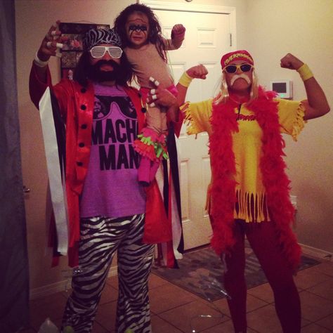 WWE - Macho Man Randy Savage, Ultimate Warrior, and Hulk Hogan Macho Man Halloween Costume, Diy Macho Man Randy Savage Costume, Wwe Family Halloween Costumes, Wrestling Family Costumes, Wwe Family Costumes, 80s Wrestlers Costume, Wwe Couples Costumes, Hulk Hogan And Macho Man Costume, Hulk Hogan Costume Women