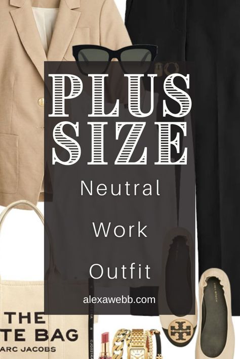 Plus Size Neutral Work Outfit - A plus size outfit for business casual offices with a beige blazer, black crop pants, and cap toe flats by Alexa Webb. Plus Size Neutral Outfit, Tailored Outfits For Women, Black Plus Size Outfits, Neutral Work Outfit, Crop Blazer Outfit, Outfits For Chubby Girls, Black Statement Ring, Black Crop Pants, Wfh Outfits