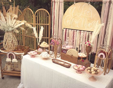 Boho Rainbow Dessert Table by Shoomie Occasions #boho #bohotheme #desserttable #bohostyle #rainbowtheme Boho Treat Table Ideas, Boho Rainbow Dessert Table, Bohemian Dessert Table, Rainbow Baby Shower Theme, Diy Rocks, Baby Shower Food Ideas, Shower Food Ideas, Baby Ellie, Rainbow Desserts