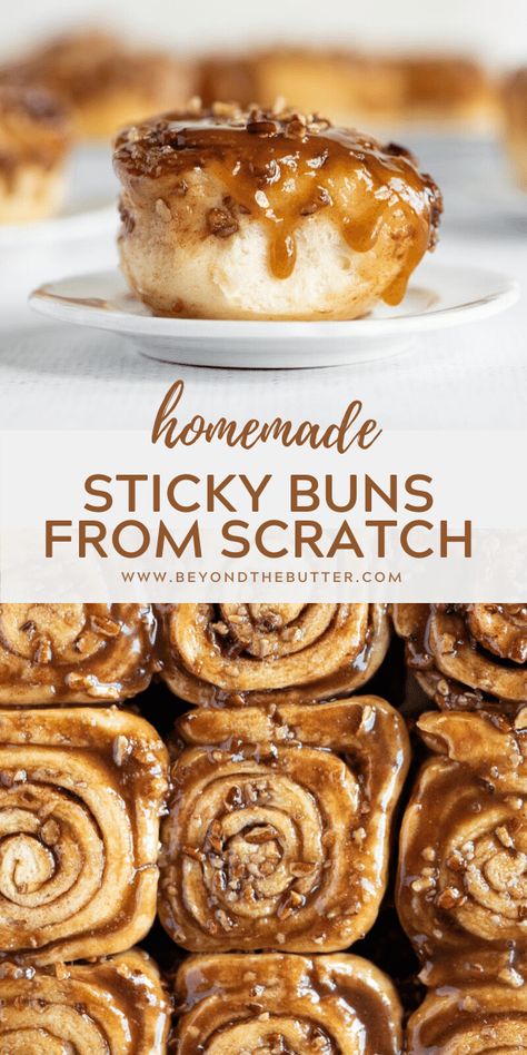 There is nothing better than the smell and taste of these Homemade Sticky Buns from Scratch! This sweet breakfast recipe combines a simple dough that's slathered in a buttery cinnamon sugar, and topped with an ooey-gooey caramelized pecan topping. They will melt in your mouth the minute you take that first bite! So, grab your 13" x 9" pan and let's get baking! | Makes 12 sticky buns | BeyondtheButter.com | #cinnamonrolls #stickybuns #breakfast #pecantopping #beyondthebutter Homemade Sticky Buns, Easy Sticky Buns, Cinnamon Sticky Buns, Sticky Buns Recipes, Pecan Sticky Buns, Sweet Roll Recipe, Pecan Topping, Breakfast Recipes Sweet, Breakfast Sweets