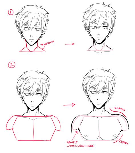 For male characters, the important part is the upper body, so let's continue on to my favorite(?) section of this lect~  1 - Well now that you have your head, draw the sloping-down shoulders. The red blocks/shapes here vaguely represent the muscle structure underneath.  2 - Guy's chest line is usually higher than a female's. Remember that the nipples are NOT in the MIDDLE of the breast..that is just weird.   3 - Here it might look difficult, but the more you practice drawing it, you'll find ... Manga Tutorial, Anime Tutorial, Desen Anime, Hand Reference, Drawing Faces, Male Characters, 인물 드로잉, Character Sketches, Anatomy Drawing