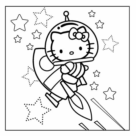 Sanrio Coloring Book, Spooky Hello Kitty Coloring Page, Space Theme Coloring Pages, Space Coloring Sheet, Astronaut Coloring Page Free Printable, Sanrio Coloring, Astronaut Coloring, Hello Kitty Book, Hello Kitty School