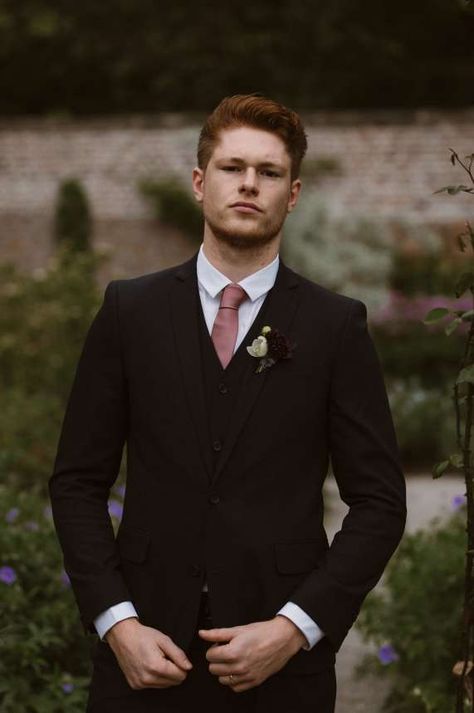 Black suit + white shirt + dusky pink tie. Images by Agnes Black #groom #groomsmen #groomstyle #suit #suitandtie Tie On Black Suits, Groom Black Suit Pink Tie, Groomsmen Black Suit Pink Tie, Black Suit Pink Tie Wedding, Black Tux With Pink Tie, Pink Tie Suit, Black Suit With Pink Tie, Black Suit Pink Tie, Dusky Pink Outfit