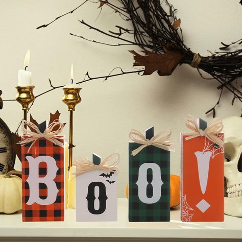 PRICES MAY VARY. UNIQUE DESIGN: This Halloween desktop decoration is composed of four wooden blocks printed with "BOO!", which can bring a rich festive atmosphere to your home. It will add a unique artistic atmosphere to your home, adding warmth and joy to your room. SIZE: These Halloween desktop decorations come in sizes of "B" 14.4 cm/5.66 inches, "0" 9.8 cm/3.85 inches, "0" 13.7 cm/5.39 inches, and "!" 15 cm/5.9 inches. It has a suitable size and can be placed on shelves, counters, or as the Halloween Counter Decor, Cricut Halloween Decor, Wooden Halloween Crafts, Wooden Halloween Decorations, Wood Block Decor, 50s Decor, 2x4 Crafts, Indoor Party, Boo Sign