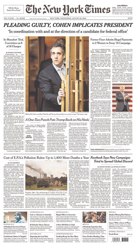 A rare NYt 6-column headline for Cohen and Manafort 8/22/18 New York Newspaper, Times Newspaper, Newspaper Headlines, Civil Disobedience, Human Dignity, American Freedom, Vintage New York, Busy Day, The Resistance