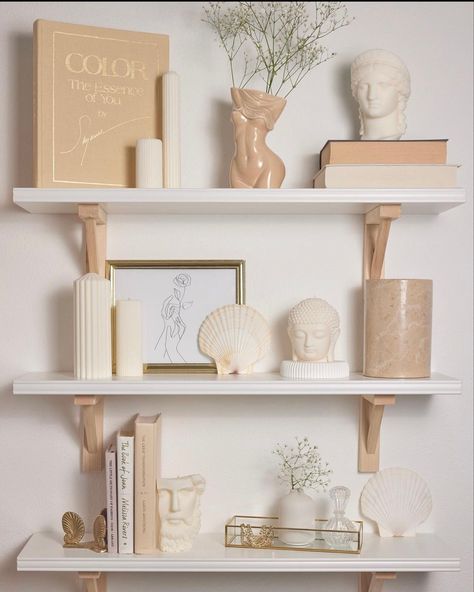 Simple Shelf Decor Bedroom, Neutral Shelves Decor, Beige Shelf Decor, Floating Shelf Bedroom Decor, Shelf Fillers Decorating, Spa Shelf Decor, Cute Shelves Decor, Girly Shelf Decor, Floating Shelf Aesthetic