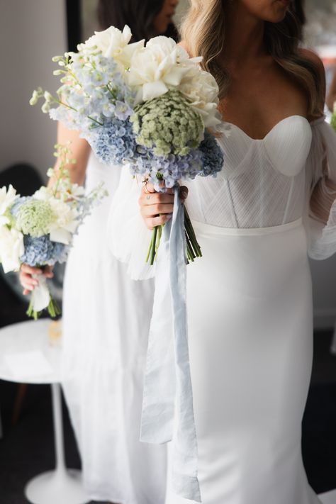 White, blue with a small pop of green was the perfect combo for this gorgeous bouquet for Erin.   Image @Benedict Sutton Wedding Bouquet White Hydrangeas, Blue White Green Wedding Bouquet, Simple Blue Bouquet, Simple Hydrangea Bouquet, Blue And White Bridal Bouquet Hydrangeas, Light Blue Hydrangea Bouquet, Green Blue White Wedding, Wedding Flowers Blue And White, Blue Hydrangea Bouquet Wedding