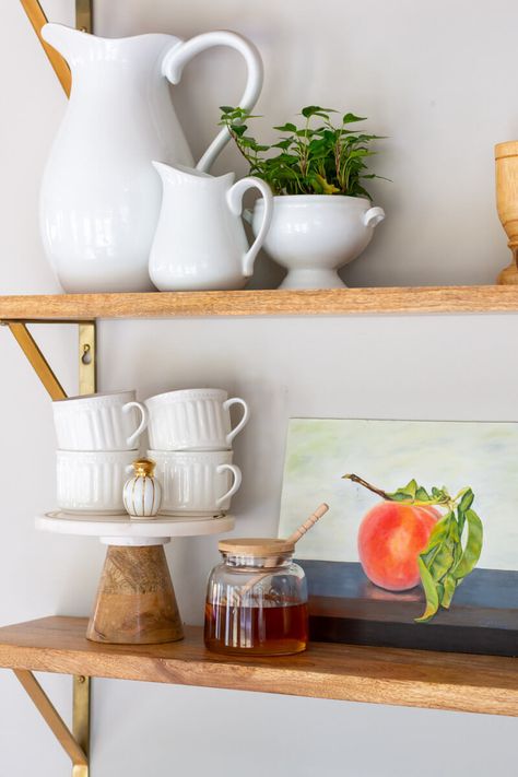 Breakfast Nook Refresh Reveal - The Home I Create Small Book Shelf, Breakfast Nook Furniture, Nook Furniture, Office Table And Chairs, Dingy Whites, Kitchen Breakfast Nooks, Floating Shelves Kitchen, Breakfast Nooks, Shelves Kitchen