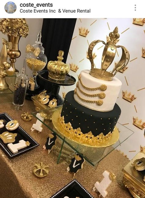 Gold, black, and white Birthday Party Dessert Table and Decor Black And Gold Dessert Table Ideas, Gold Themed Birthday Party, Black And White Birthday Party, Black And Gold Centerpieces, Dirty 30 Birthday Party, Prince James, Gold Dessert Table, Birthday Party Dessert Table, Black And White Birthday