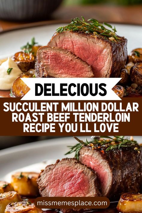 Treat yourself and your loved ones to a luxurious dining experience with our Million Dollar Roast Beef Tenderloin recipe. This tender beef roast is marinated with garlic and fresh herbs, promising a rich and savory flavor profile that will delight your palate. Perfect for special occasions, this dish pairs beautifully with crispy Brussels sprouts or a refreshing salad. With easy-to-follow steps, you'll achieve the perfect roast that looks stunning on your table and tastes even better. Million Dollar Beef Tenderloin Recipes, Crock Pot Beef Tenderloin Recipes, How To Tie Beef Tenderloin, Million Dollar Beef Tenderloin, Beef Tenderloin Rub, Beef Tenderloin Sauce Recipes, Sides With Beef Tenderloin, Side Dishes For Beef Tenderloin, Crockpot Beef Tenderloin