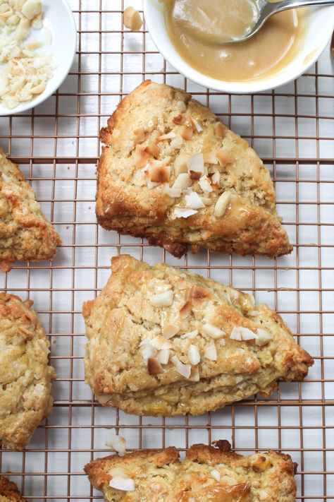 Coconut Scones, Macadamia Nut Pancakes, Fruit Scones, Brown Sugar Glaze, Hawaii Food, Sugar Glaze, Cooling Rack, Pineapple Coconut, Scone Recipe