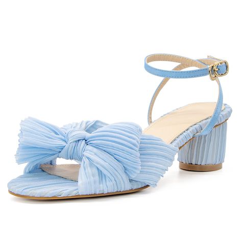 PRICES MAY VARY. Pleated Bow Heels: High heels are your fashion staple. With a stylish pleated bow knot, our blue heels are available in 2 inches and 3.15 inches heel heights, combining elegant and classic. Easy On and Off: These sandals for women feature open toe and an adjustable ankle strap design, convenient to slip on and off. The adjustable strap ensures a secure fit. Comfortable Feel: The blue chunky heeled sandals feature a soft padded insole and anti-slip rubber outsole, keeping both st Golden Sandals, Champagne Shoes, High Heel Dress Shoes, Green Bras, High Heel Dress, Butterfly Knot, Womens Chunky Heels, Bow Heels, Bow Knot