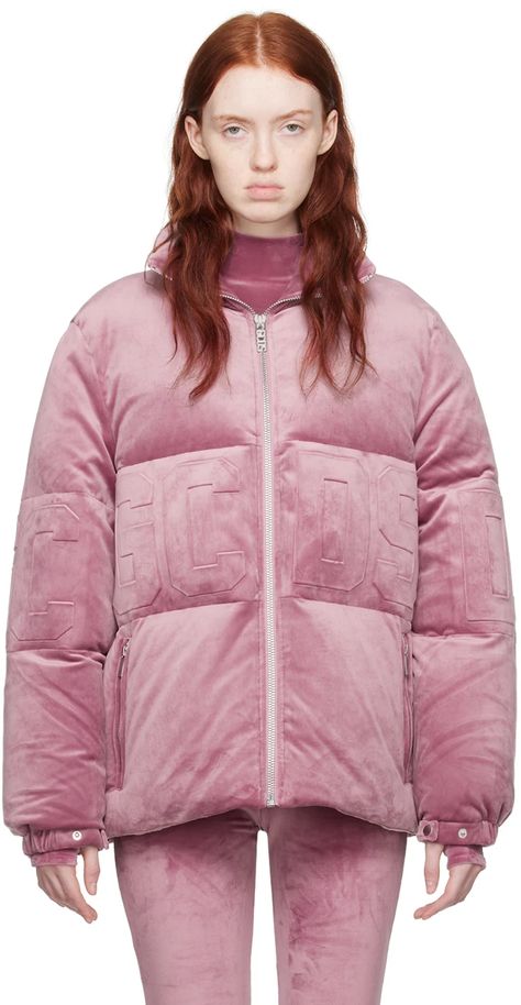 GCDS: Pink Embossed Down Jacket | SSENSE Lavender Herb, Velvet Jacket, Jacket Design, Duck Down, Funnel Neck, Padded Jacket, Luxury Streetwear, Emboss, Outerwear Jackets