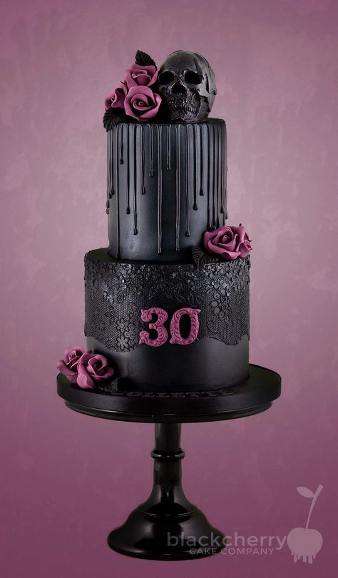 By Blackcherry Cake Company Gothic Birthday Cakes, Gothic Birthday, Gothic Cake, 30th Birthday Themes, Tiered Cakes Birthday, Skull Cake, 30 Birthday Cake, Thirty Birthday, Ombre Cake