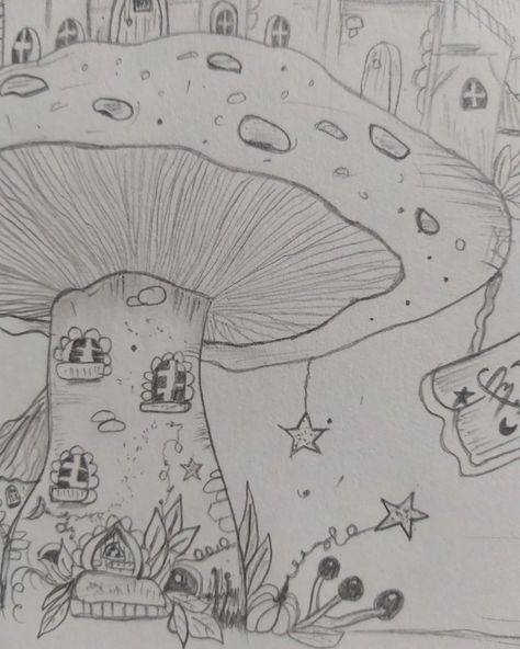 a detailed drawing of a fantastical scene featuring a mushroom-shaped house and a miniature village. The artwork evokes a sense of magic, wonder, and nostalgia, reminiscent of fairy tales and childhood fantasies. The intricate details and dreamlike atmosphere contribute to the overall charm of the image. . . . Follow @kttyarts for more ☆ . . . #mushroomhouse #fantasyart #fairytale #whimsicalart #dreamyart #magicalart #detailedart #intricateart #childhoodmemories #nostalgia #illustration #arti... Mushroom House Drawing, House Drawing Easy, Miniature Village, Drawing Drawing, Mushroom House, Drawing Pencil, House Drawing, Drawing Easy, Easy Drawing