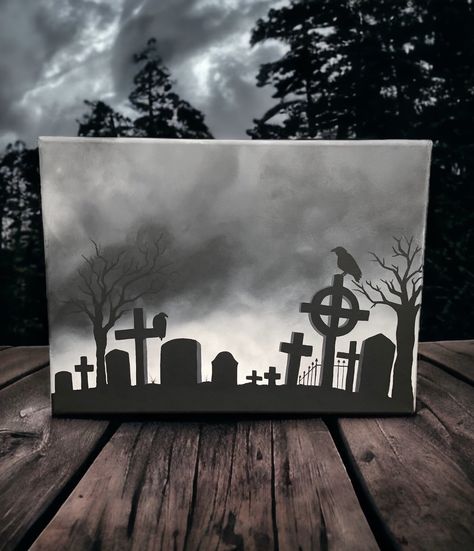 Spooky Cemetery painting, Perfect for Halloween decor, does have some pencil marks on it still, id say it makes it more unique. :) Comes with a free sticker! Ripped Canvas Art, Grave Painting, Scary Painting Ideas, Creepy Painting Ideas, Cemetery Painting, Graveyard Painting, Simple Halloween Paintings On Canvas, Spooky Painting Ideas, Halloween Paintings On Canvas