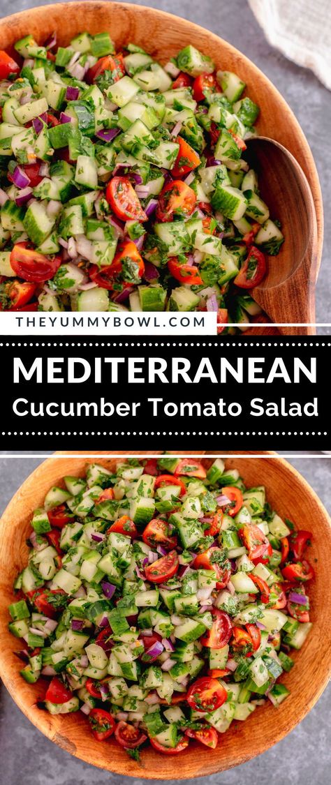 This Mediterranean Cucumber Salad is the best side salad to pair with any main dish. Its refreshing flavor pairs well with any grilled food or can be served as a part of multiple appetizers. Greek Tomatoes And Cucumber Salad, No Wilt Mediterranean Salad, Meditterean Cucumber Salad, Cucumber Salad With Mint, Best Mediterranean Salad Recipes, Greek Cucumber Salad Feta, Meditarian Salad Recipes, Mediterranean Camping Food, Meditrainian Salad