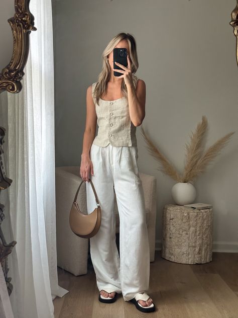 Linen pants - summer outfit - linen vest outfit - linen pants outfit White Linen Vest Outfit, Beige Linen Trousers Outfit, Lenin Pants Outfit, Beige Linen Outfit, Linen Cargo Pants Outfit, Khaki Linen Pants Outfit, Cream Linen Pants Outfit, Linen Pant Outfits, Tan Linen Pants Outfit