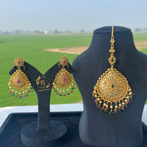 Gold plated punjabi traditional jewellery Punjabi Earrings, Punjabi Jewellery, Punjabi Traditional Jewellery, Choker Sets, Punjabi Style, Bridal Jewellery Earrings, Kundan Jewellery Bridal, Antique Gold Jewelry Indian, Jewellery Bridal