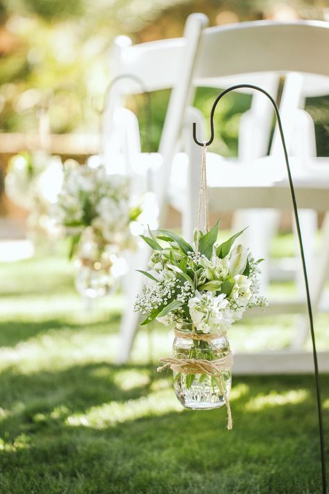 Mason Jars/Wedding Aisle Wedding Aisle Mason Jars, Mason Jar Isle Decorations Wedding, Mason Jar Ceremony Aisle, Mason Jar Aisle Decor, Mason Jar Aisle Wedding, Isle Decorations Wedding Shepards Hooks, Inexpensive Wedding Aisle Decor, Shepherd Hook Wedding Aisle, Wedding Isles Ideas