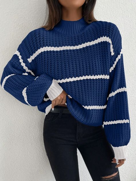 Striped Mock Neck Drop Shoulder Sweater Blue Casual  Long Sleeve Knitwear Striped Pullovers Slight Stretch Spring/Fall Women Clothing, size features are:Bust: ,Length: ,Sleeve Length: Flare Sleeve Sweater, Lantern Sleeve Sweater, Pullover Outfit, Women Sweaters, Drop Shoulder Sweaters, Ținută Casual, Really Cute Outfits, Inspiration Mode, Sweater Sleeves