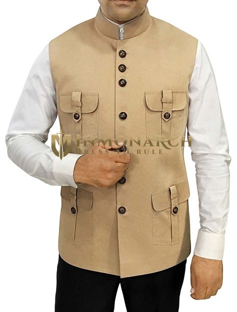 Mens safari style 4 pocket with closer nehru vest made in tan color pure cotton fabric. Perfect For Weddings, Proms, Cruises, or Any Occasion! Waistcoat Designs For Men, Formal Shirt Design, Indian Wedding Suits Men, Man Dress Design, Indian Wedding Clothes For Men, Waistcoat Designs, Mens Fashion Suits Casual, Wedding Kurta For Men, Designer Jackets For Men