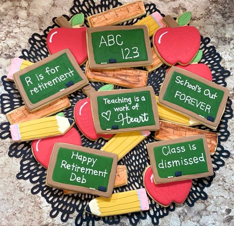 Principal Retirement Cake, Retirement Party Decorations Teacher, School Secretary Retirement Party Ideas, Teacher Retirement Party Decor, Retirement Party For Teachers, Teacher Retirement Cookies Decorated, Retirement Ideas For Teachers, Retirement Party Teacher, Retirement Party Ideas Teacher