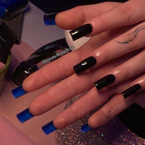 💙Black nails with blue bottoms💙 🖤medium gelx nails🖤 #gelx #nails #blacknails #nailinspo #gelxnails #explorepage #bluebottomnails Pretty Royal Blue Nails, Black Press On Nails Ideas, Blue Bottoms Nails, Formal Blue Nails, 19 Nails Birthday, Square Long Nails Ideas, Blue N Black Nails, Black And Blue French Tip Nails, Dark Blue Y2k Nails