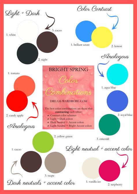 Bright Spring Colour Combinations, Bright Spring Color Season, Bright Spring Colour Palette, Spring Bright Outfits, Bright Spring Color Palette Clothes, Clear Spring Color Palette Outfit, Bright Spring Outfits Capsule Wardrobe, Bright Spring Capsule Wardrobe, Bright Spring Color Palette Outfit