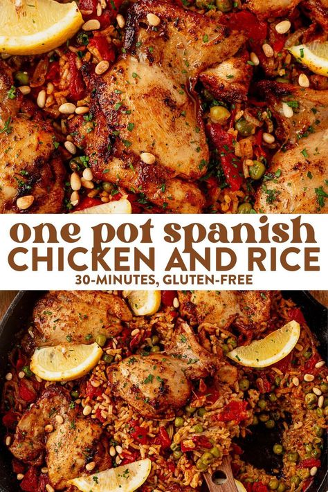 One Pot Spanish Chicken and Rice is a comforting and flavorful dish that combines tender chicken thighs, aromatic spices, and rice, all cooked together in a single pot. Often referred to as "Arroz con Pollo," this hearty and aromatic dish embodies the essence of Spanish cuisine. Similar to paella, this classic Spanish-inspired meal is a harmonious blend of textures and tastes. Spanish Chicken And Rice, Spanish Chicken, Spanish Cuisine, Chicken And Rice, Tender Chicken, Chicken Dishes Recipes, Rice Recipe, Poultry Recipes, Rice Dishes