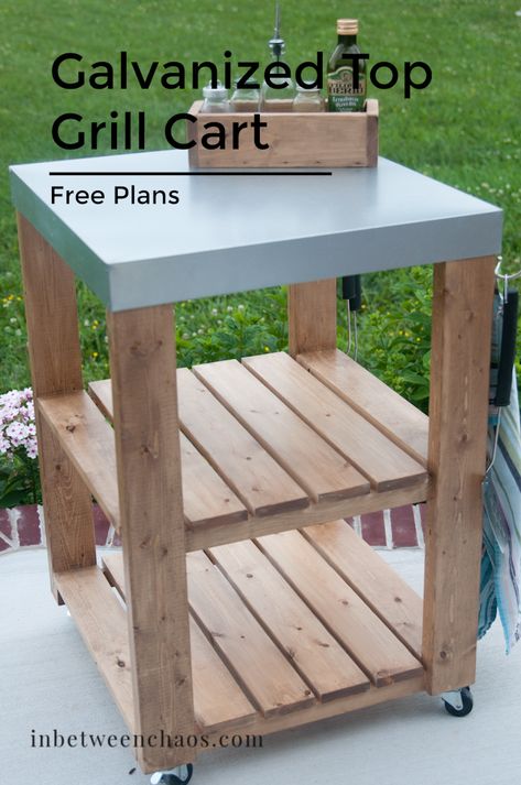 Grill or Kitchen Cart with Galvanized Top | In Between Chaos Diy Cart, Wooden Desk Chair, Crib Woodworking Plans, Woodworking Table Plans, Wooden Desk Chairs, Grill Cart, Diy Grill, Grill Table, Laundry Room Doors