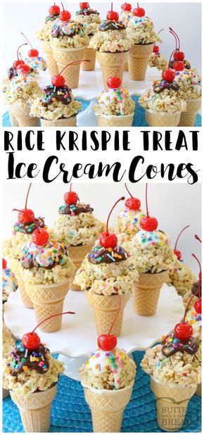 Rice Krispie Ice Cream Cones are easy to make & super cute too! Gooey marshmallow treats topped with melted chocolate, sprinkles & a cherry make these cute cones amazing. Bonus too- they each have a special treat inside the cone! Easy dessert recipe from Butter With A Side of Bread via @ButterGirls Lemon Meringue Rice Krispy Treats, Potluck Dessert, Bake Sale Treats, Cone Dessert, Krispie Treats Recipe, Krispy Treats, Easy Butter, Marshmallow Treats, Cereal Treats