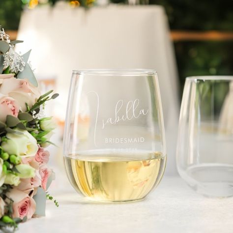 Personalized Bridesmaid Gift Etched Stemless Wine Glass Etched Glassware, Modern Calligraphy Fonts, Personalized Bridesmaid Gifts, Bridesmaids Personalized, Different Fonts, Champagne Flutes, Gifts For Wedding Party, Modern Calligraphy, Bridesmaids Gifts