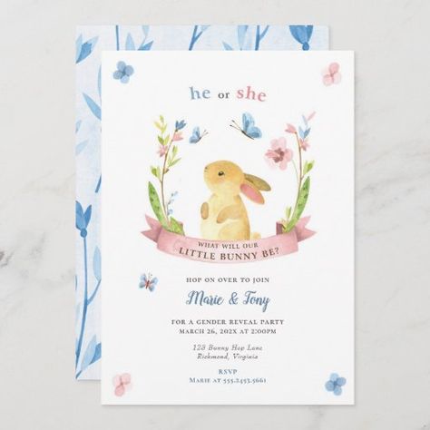 Illustrated Rabbit, Bunny Gender Reveal, Easter Gender Reveal, Sleeping Bunny, Easter Invitations, Bunny Watercolor, Boho Baby Shower Invitations, Elephant Baby Shower Invitations, Woodland Baby Shower Invitations