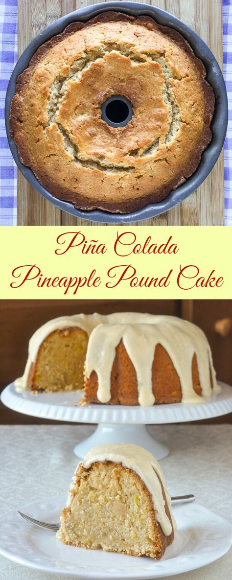 Pina Colada Pound Cake. A buttery pound cake peppered with toasted coconut and fresh pineapple, soaked with rum and covered in a rum and butter glaze. Pina Colada Pineapple, Pineapple Pound Cake, Buttery Pound Cake, Rum Butter, Butter Glaze, Buckwheat Cake, Rock Recipes, Fresh Pineapple, Rum Cake