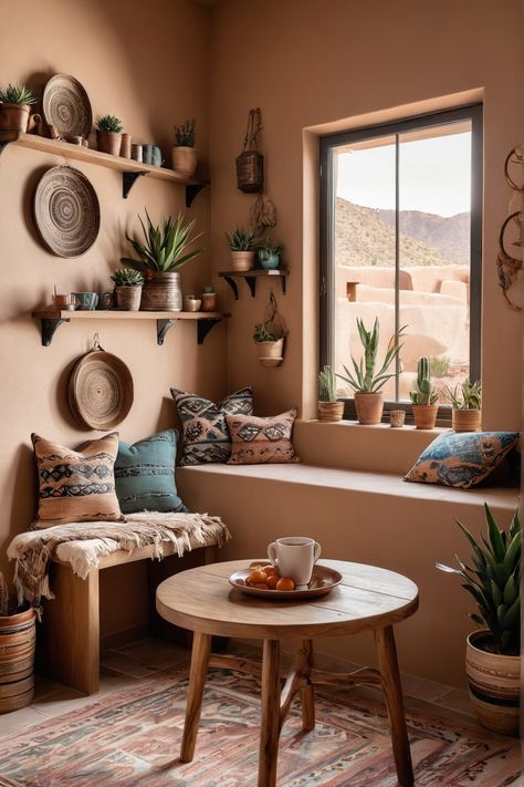 Cozy room with Southwestern decor, plants on shelves and window seat, wooden table with tea and fruit, mountain view outside. Rustic Southwestern Home Decor, Coffee Nook Ideas, Cozy Coffee Nook, Adobe Fireplace, Coffee Nooks, Desert Inspired Decor, Nook Inspiration, Coffee Table Inspiration, Coffee Area