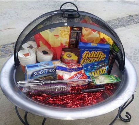 Fire pit family or housewarming gift. Silent Auction Basket, Auction Gift Basket Ideas, Chinese Auction, Fundraiser Baskets, Silent Auction Baskets, Auction Basket, Stag And Doe, Auction Baskets, Raffle Basket