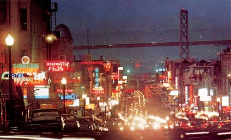 North Beach - Broadway Street, San Francisco - Nightlife and Neon Signs 1960's Broadway Street, Roman Candle, Beat Generation, Beach Night, North Beach, California Dreaming, San Francisco Bay Area, Romantic Getaways, Vintage Postcard